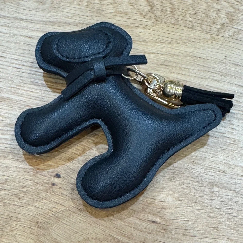 Black Faux Leather Scottie Dog Bag Charm Tassel Keychain Gold Tone Hardware